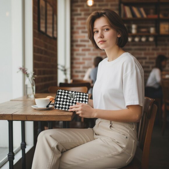 Vera Bradley Midnight Houndstooth Black And White Turn Lock Wallet - Picture 2 of 9